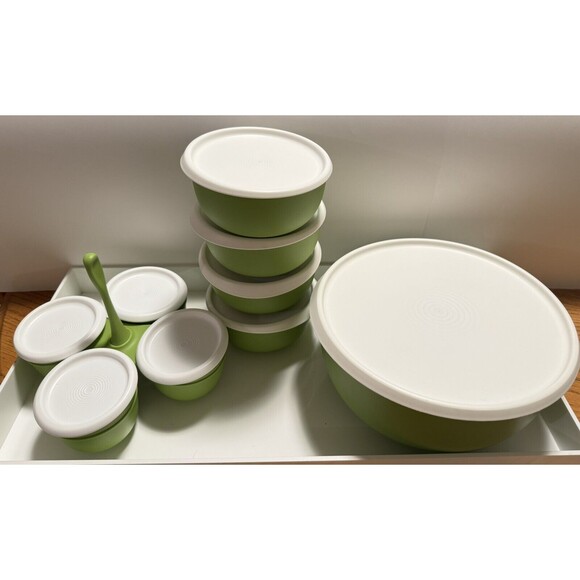 20 P Tupperware Blossom Essentials Serving Set Basil Green, White Lids. Dips, - Picture 1 of 12